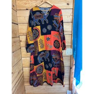 Emery Rose XL Tribal Patchwork Animal Print Long Sleeve Midi Dress Orange Black